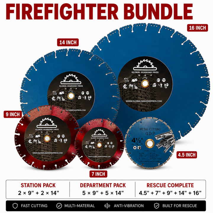 Firefighter Fire Rescue Complete Kit Cut-All Diamond Blade Bundle – 4.5”, 7”, 9”, 14” & 16