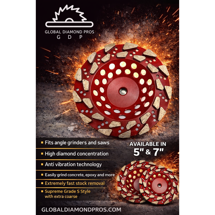 7" Tear Drop Cup Wheel for Heavy Duty Fast Grinding - Removal - Floor Prep - #18/20 Grit Threaded Arbor Diamond Cup Wheel