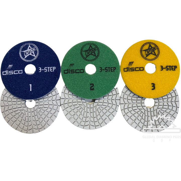 Disco Polishing 3 Step Pads for Quartz Quartzite Granite - Wet / Dry White Resin Pads