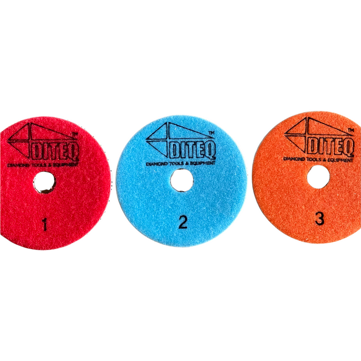 Hybrid 4” Diamond Polishing Pads for Engineered Stone, Granite, Quartz, Quartzite, Marble 3-Step Pads